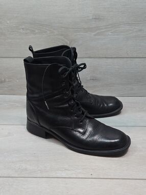 Vintage Santana Canada Women Black Leather Square Toe Lace-Up Boots Shoes Sz 6
